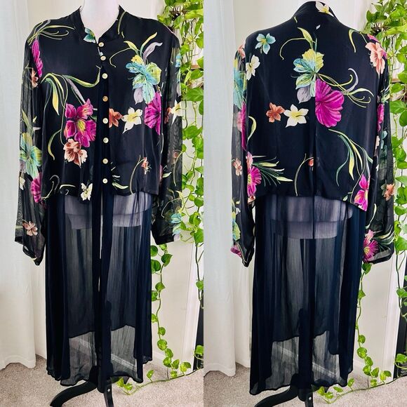 Vintage Lolette Woman Black & Pink Floral Chiffon Open Front Sheer Dress Plus 2X - Picture 1 of 11